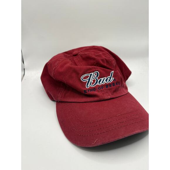 Vintage 90s Budweiser Bud King Of Beers Strapback Adjustable Baseball Hat Red - Picture 2 of 5